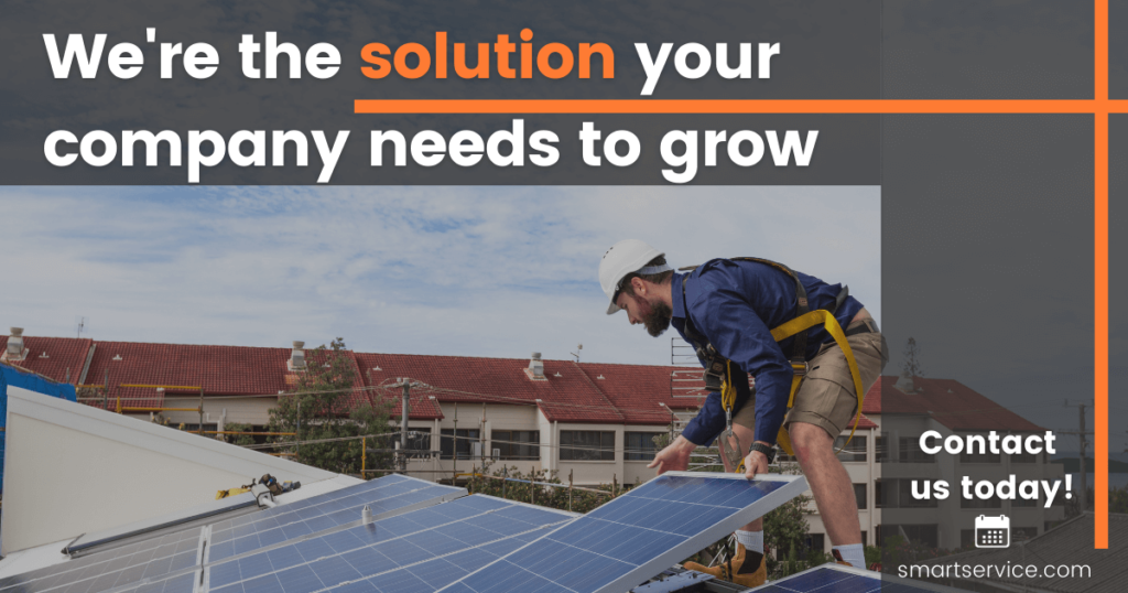 technician installing solar panels with text 'we're the solution your company needs to grow'